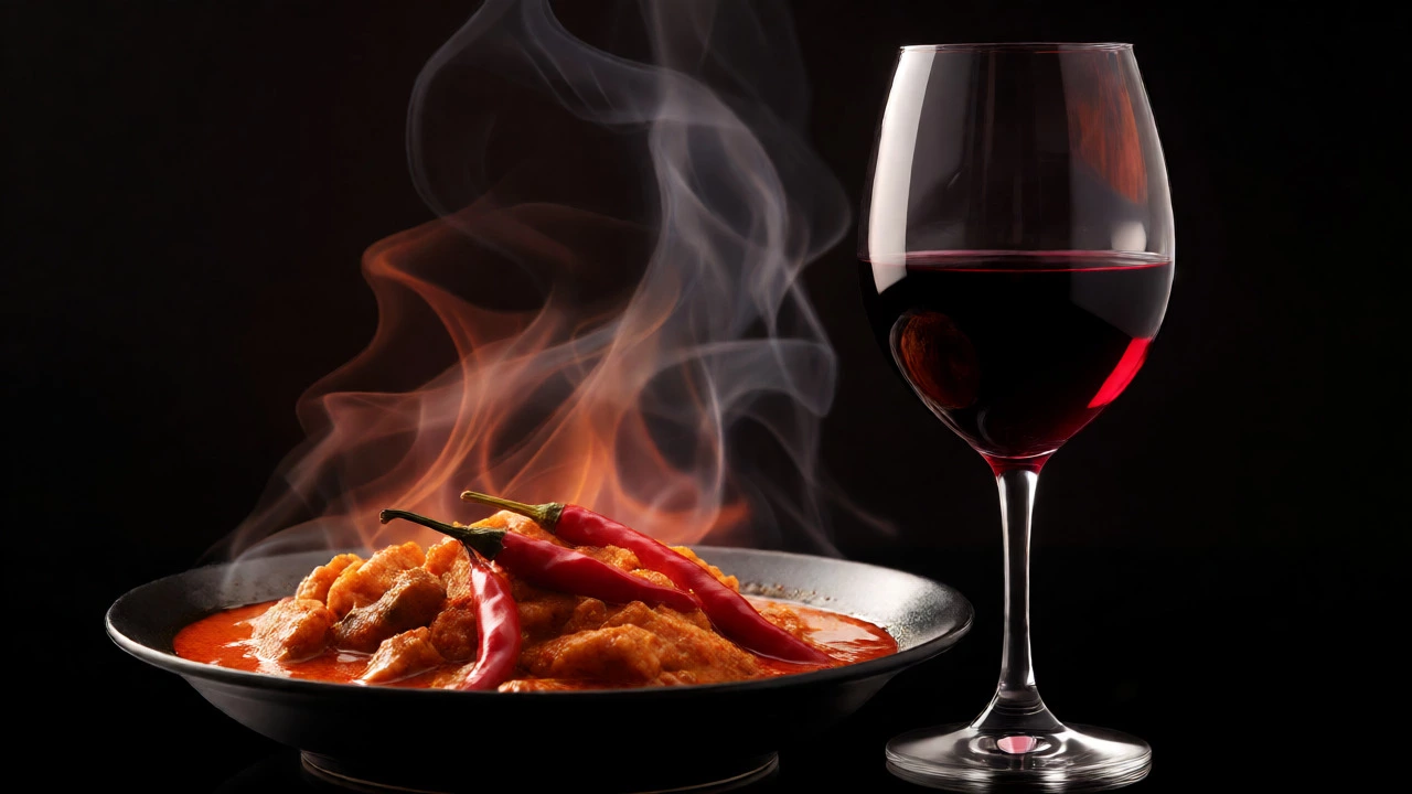 Spicy red curry served alongside a glass of bold red wine, highlighting the heat and alcohol conflict.