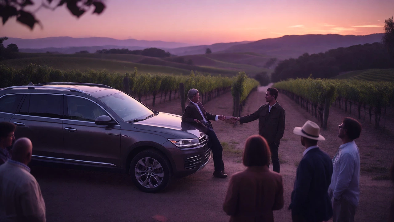 Travelers tipping their driver outside a vineyard at sunset