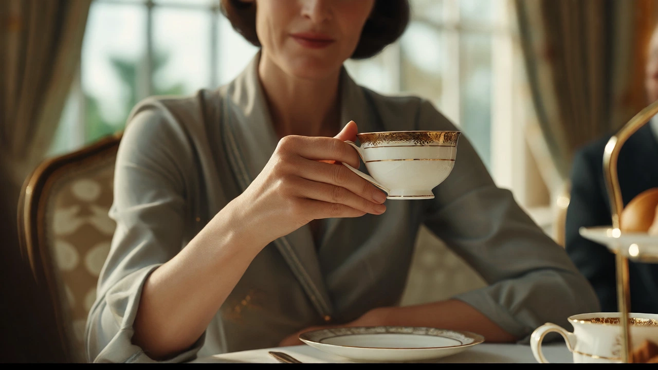 Woman holding a teacup correctly with relaxed curled fingers