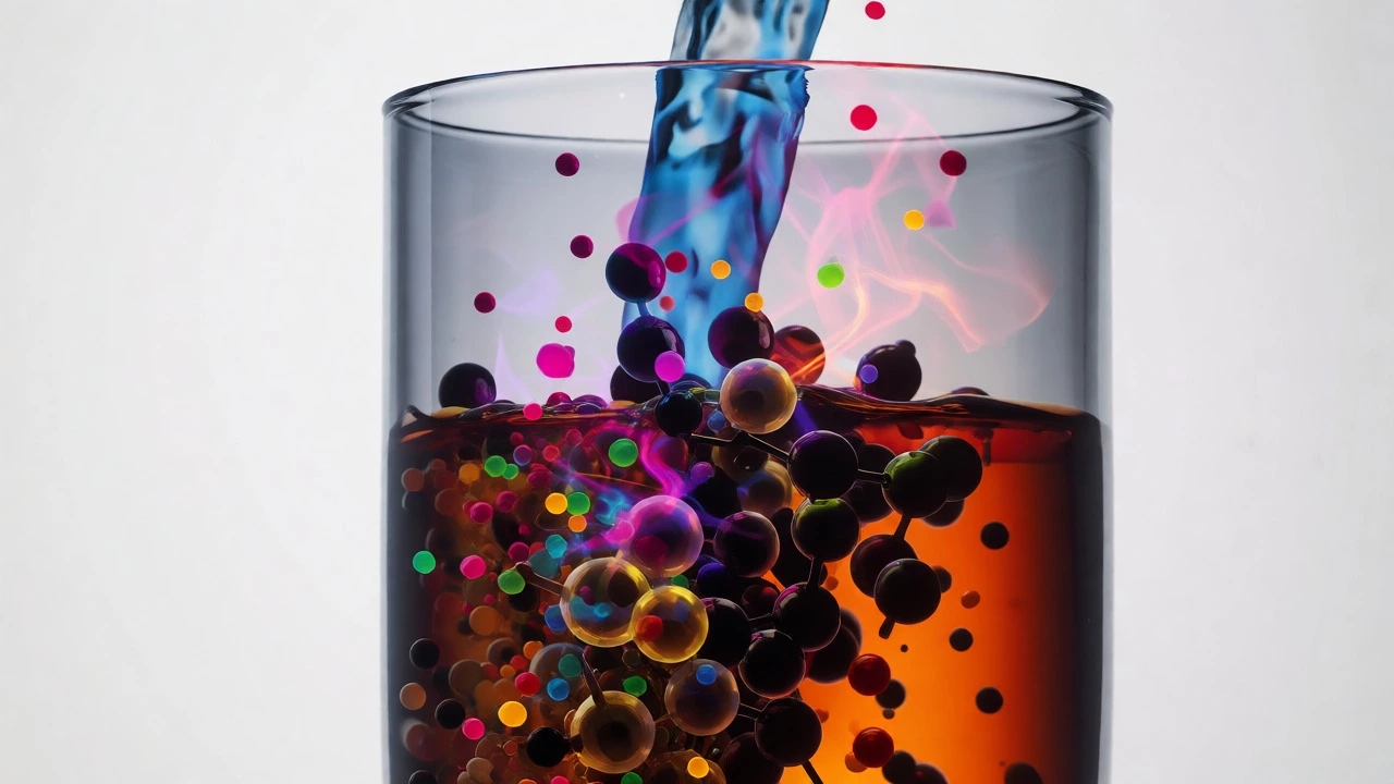 Abstract visualization of water breaking apart ethanol clusters to release aroma molecules.