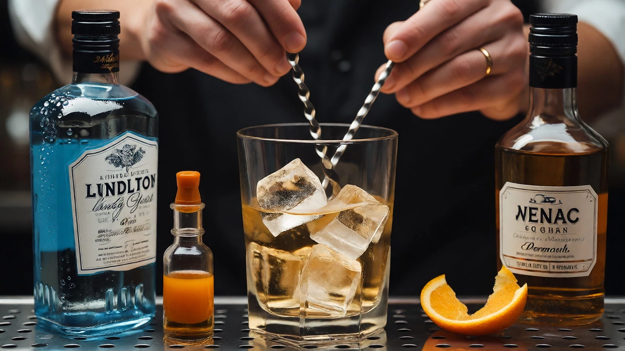 Bartender stirring a Turf Club Cocktail with gin and vermouth ingredients