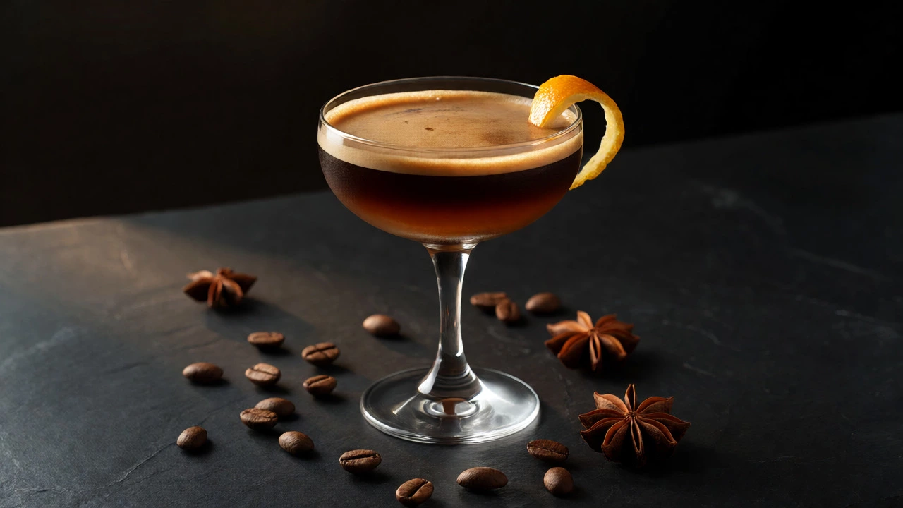 Coffee Rum Refresher cocktail in a coupe glass with orange twist.