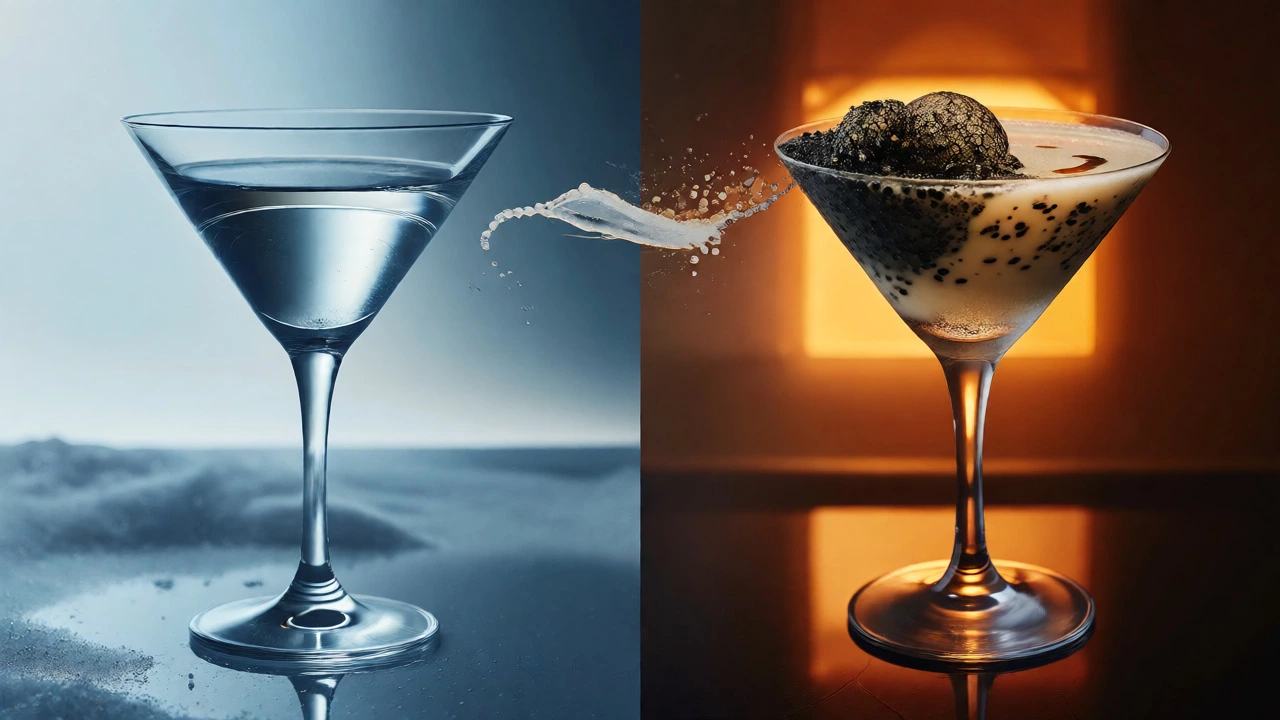 Conceptual split image contrasting a clear Martini with a complex, savory dirty Martini.