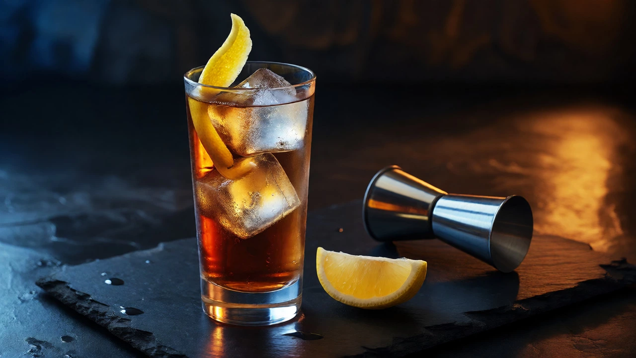 Finished whisky highball with a lemon twist garnish on a dark slate surface.