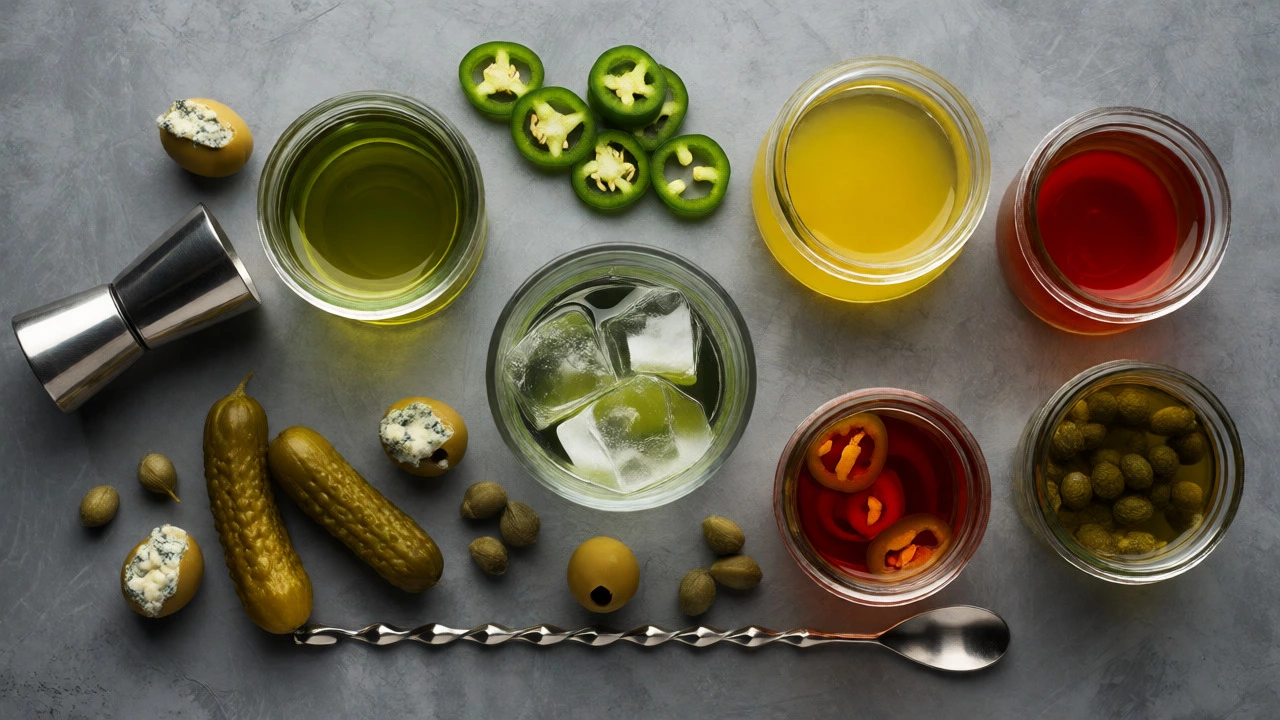 Flat lay of bar tools and jars of various savory brines like olive, pickle, and jalapeño.