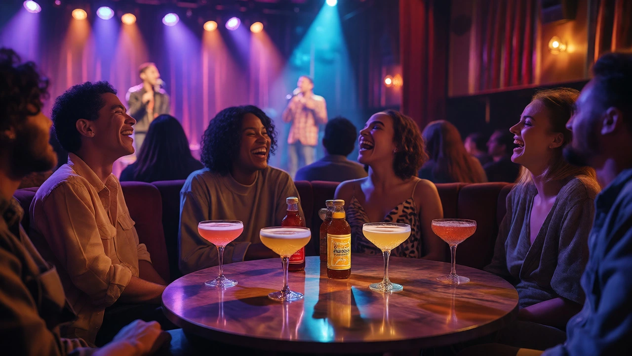 Friends laughing together at a comedy club with alcohol-free drinks