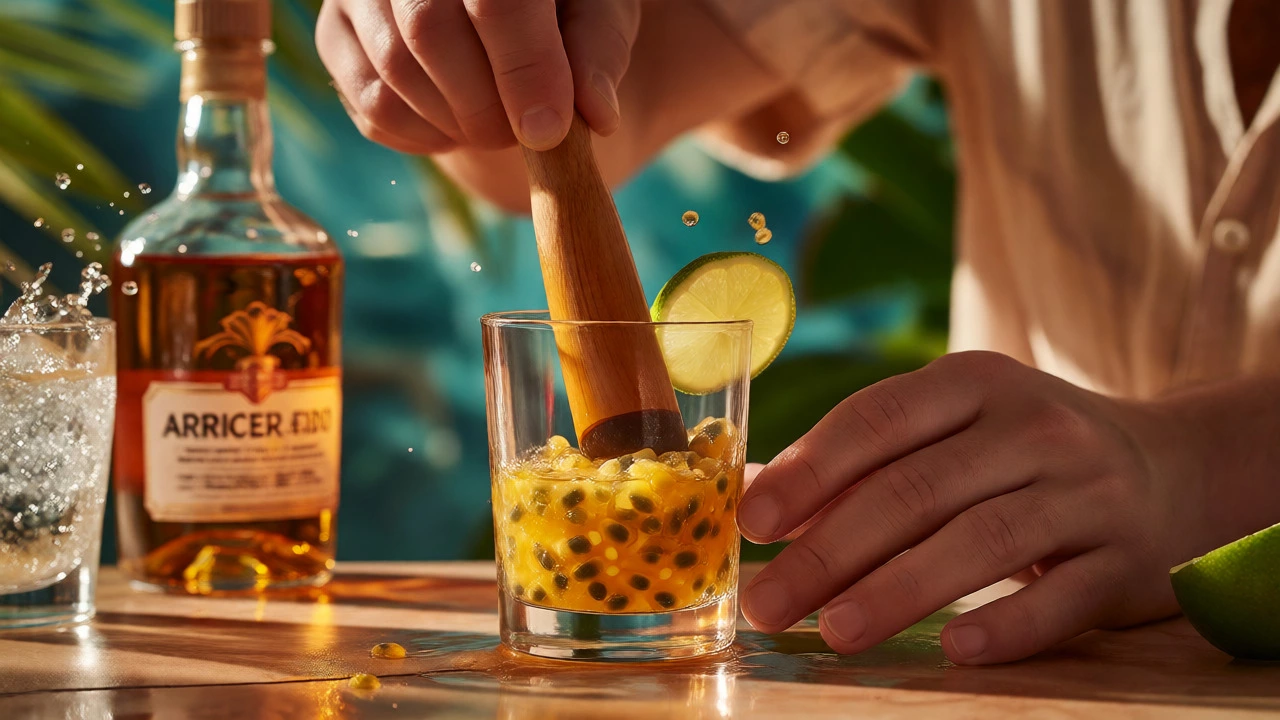 Hands muddling passionfruit and lime for a Ti' Punch variation.