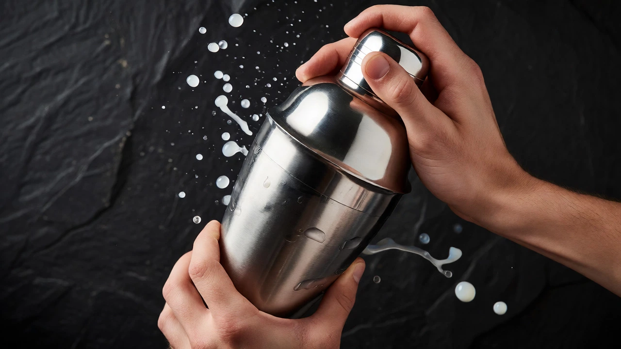 Hands vigorously shaking a metal cocktail shaker with splashing liquid