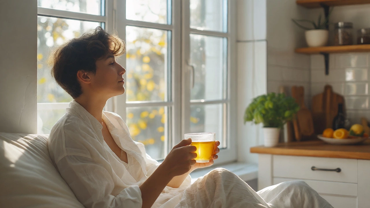 Person relaxing with tea in a sunlit kitchen after a sober night out