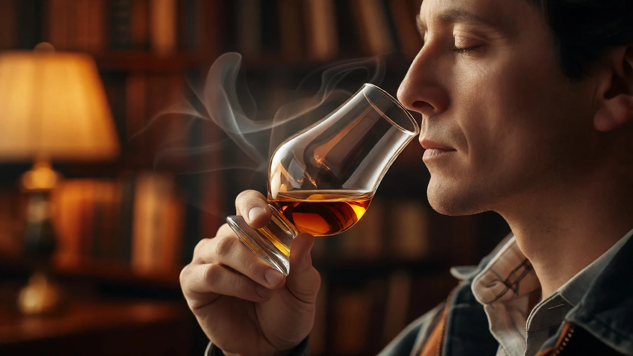 Person smelling whisky from a glass with visible aromatic vapors rising in warm light.