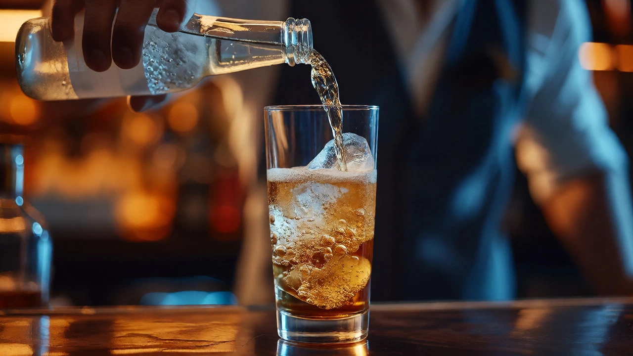 Soda water being poured gently into a whisky highball to preserve carbonation and bubbles.