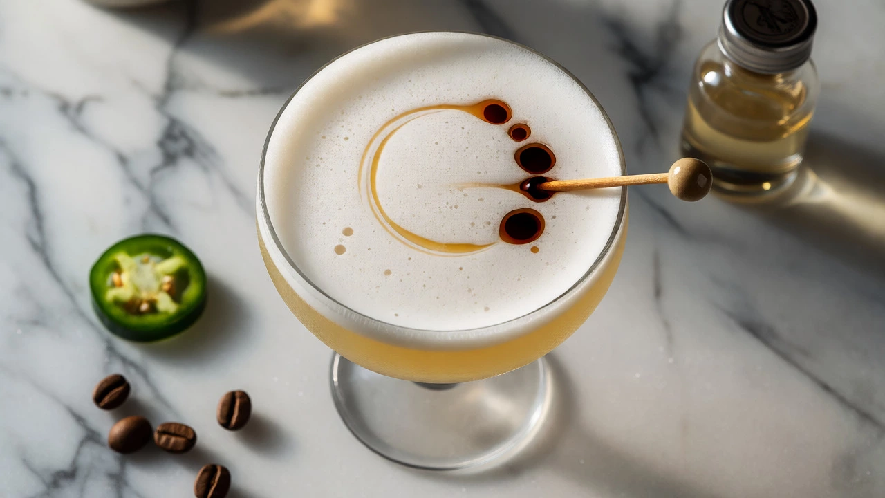 Top-down view of a mezcal sour cocktail with foam and bitters art