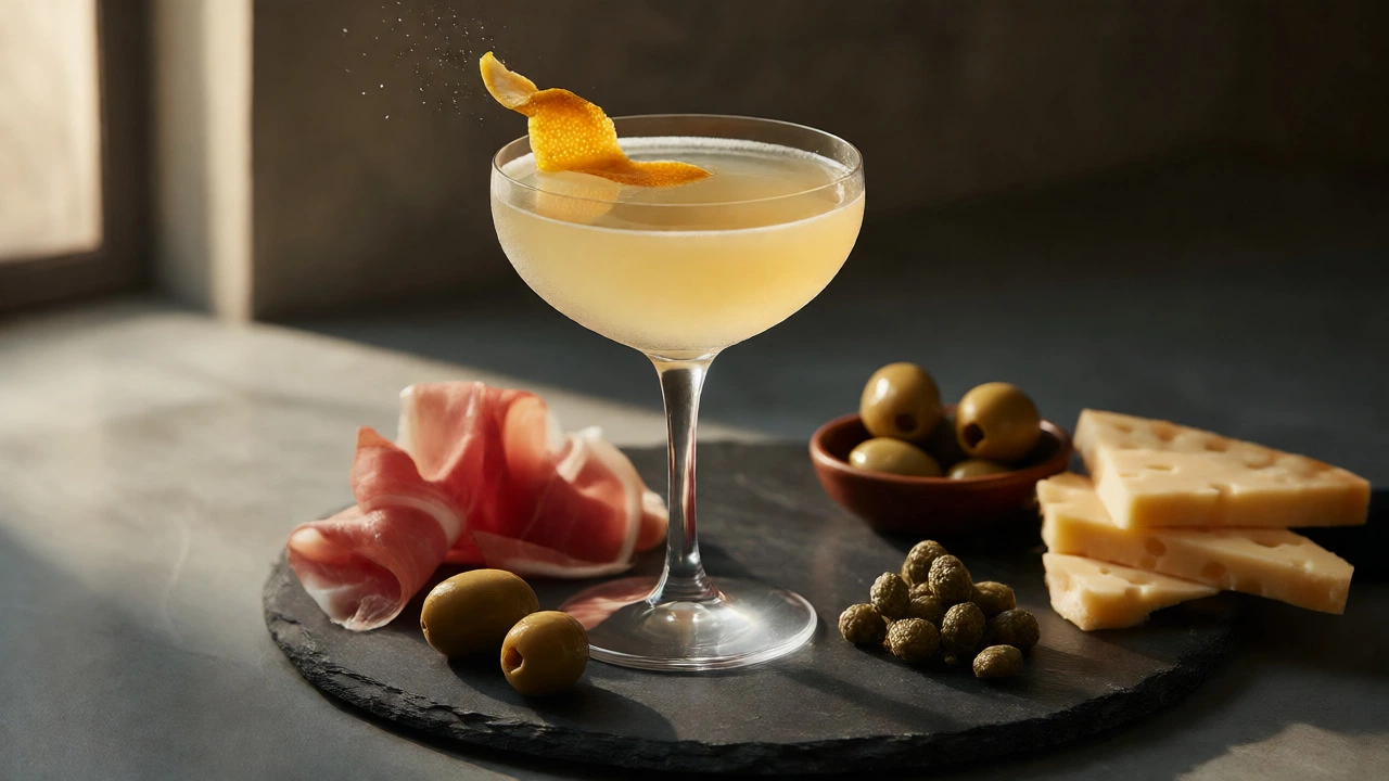 Turf Club Cocktail garnished with orange peel alongside cured meats and cheese